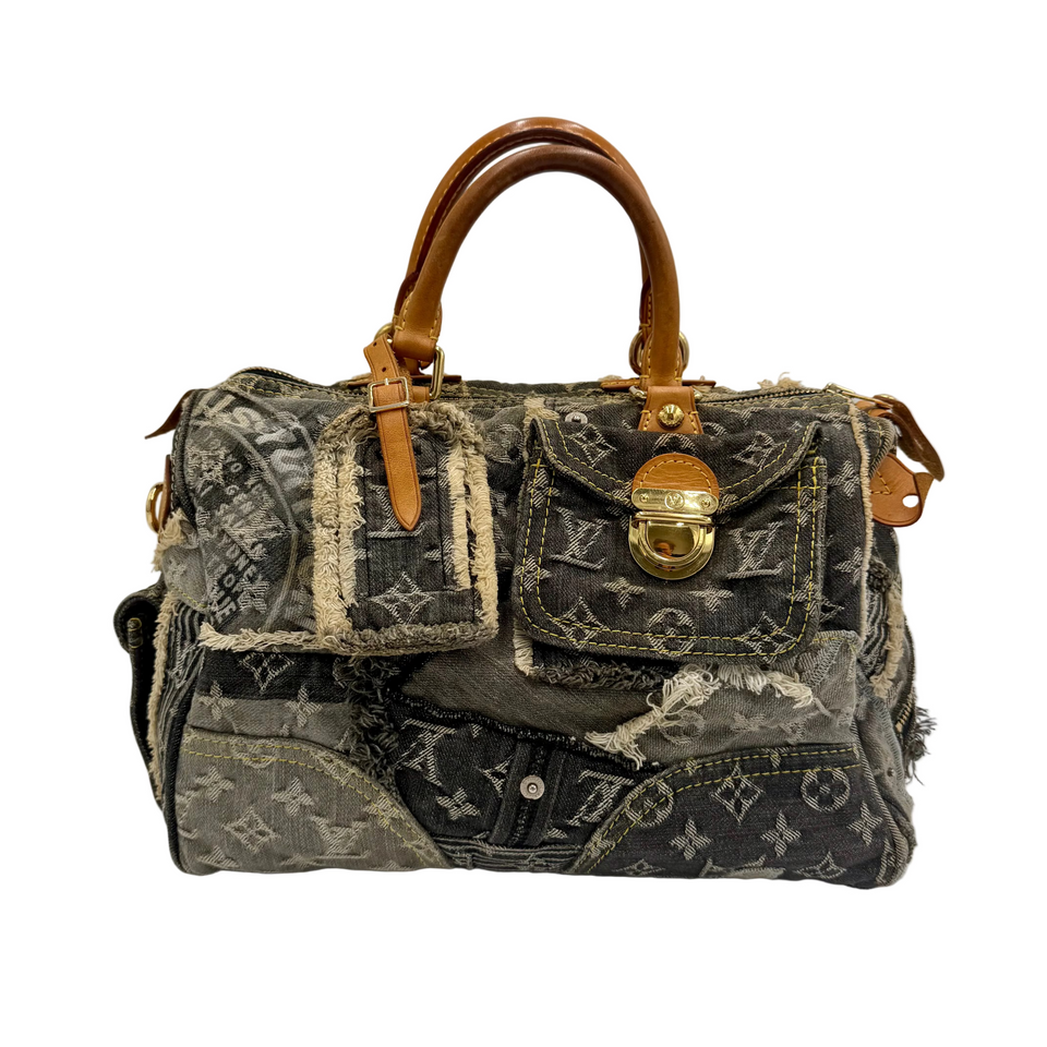 Louis Vuitton Patchwork Speedy i Monogram Denim med vachetta-læderhanke, set forfra