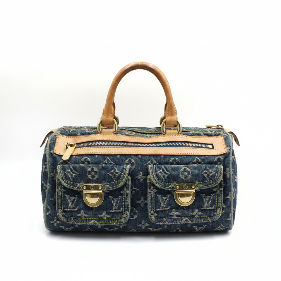 Louis Vuitton Neo Speedy i blå Monogram Denim med vachetta-læderhanke, set forfra