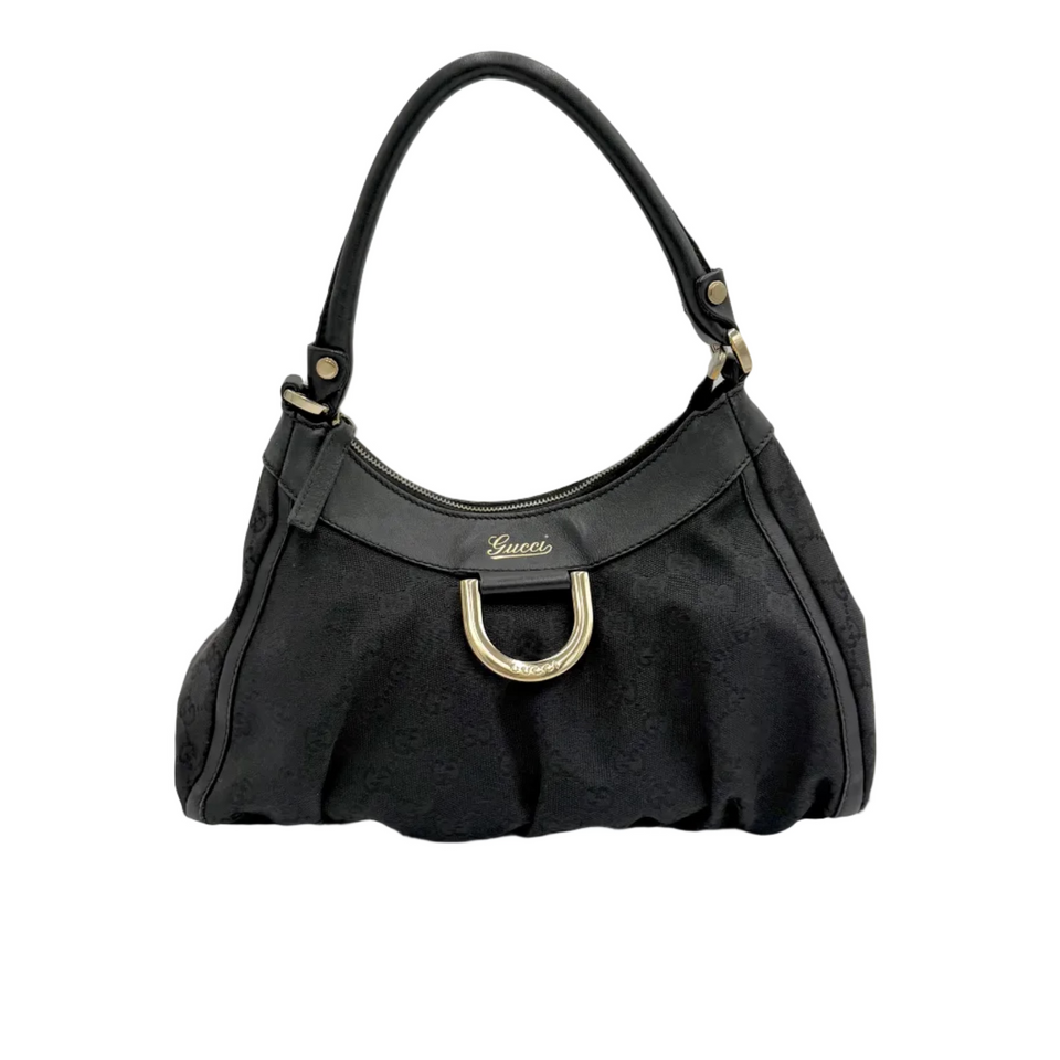 Gucci Abbey D-Ring hobo i sort GG canvas med læderhank, set forfra
