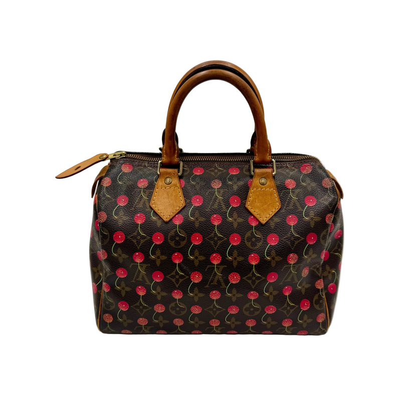 Louis Vuitton Speedy 25 Cerises i Monogram canvas med kirsebærprint og vachetta-læderhanke, set forfra